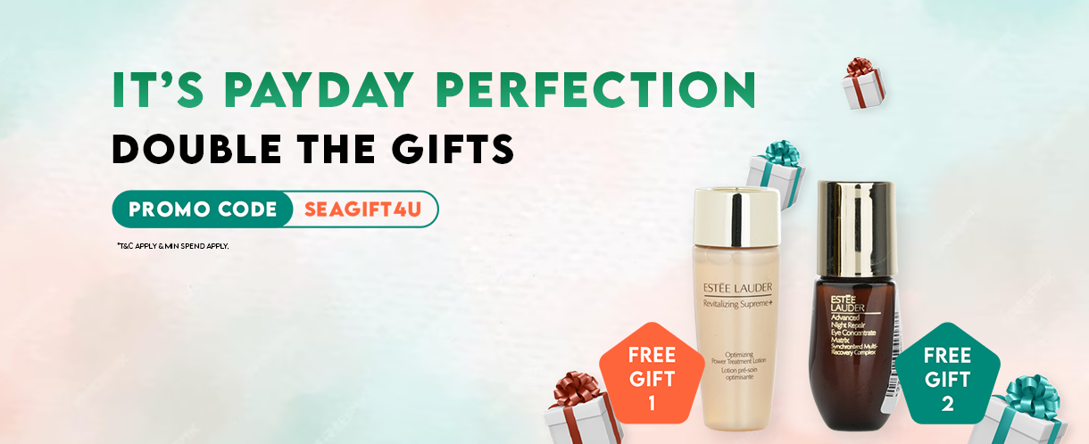 Banner featuring two Estee Lauder product items with gift boxes in the background, emphasizing the March payday promotion. Text overlay: "It's Payday Perfection. Double the Gifts. Promo code: SEAGIFT4U". 
