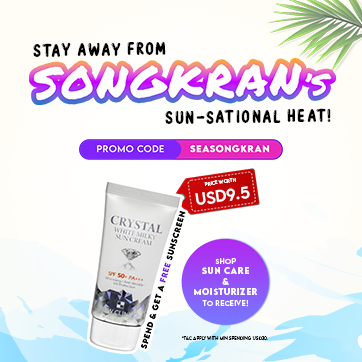 Banner with waves in the background and a product image of sunscreen on the right, accompanied by text overlay 'Stay Away From Songkran's Sun-sational Heat!' Promotional offer: Free sunscreen with minimum spend.