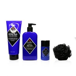 Jack Black مجموعة أساسيات الجسم Clean & Cool: غسول شامل 295مل + مزيل تعرق Pit Boss 78 جرام + غسول مرطب منعش للجسم 473مل + اسفنجة شبكية 4pcs