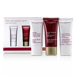 Clarins Set Super Restorative 50+ Cuidado de la Piel Anti-Envejecimiento: Refinador Suave 30ml+ Crema de Día Súper Restauradora 30ml + Beauty Flash Bálsamo 30ml 3pcs