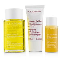 Clarins Home Pampering Set: Tonic Body Treatment Oil 100ml+ Exfoliating Body Scrub 30ml+ Tonic Bath & Shower Concentrate 30ml 3pcs