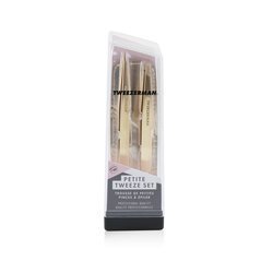 Tweezerman Petite Tweeze Set: Slant Tweezer + Point Tweezer - (With Rose Gold Leather Case) 2pcs