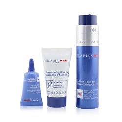 Clarins Восстанавливающий Набор для Мужчин: Восстанавливающий Гель 50мл + Шампунь и Гель для Душа 30мл + Сыворотка для Век против Усталости 3мл + Сумка 3pcs+1pouch