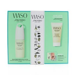 Shiseido Set Waso Quick Matte Moisturizer Oil-Free: Hidratante Rápido Mate 75ml + Pulidor Suave +Acolchado 30ml + Esencia Abridora de Ojos 0.3ml + Poreless Primer Mate 0.3ml 4pcs