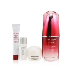 Shiseido مجموعة الإشراقة المرطبة النهائية: محلول فائق الفعالية Ultimune 30مل + كريم جل مرطب 10مل + محلول عيون 5مل + واقي شمسي SPF 42 7مل ( علبة متضررة قليلاً ) 4pcs