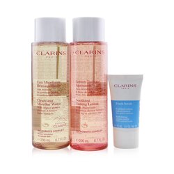 Clarins Set Perfect Cleansing (Piel Muy Seca o Sensible): Agua Micelar 200ml + Loción Tonificante 200ml + Exfoliante Fresco 15ml + Bolsa 3pcs+1bag
