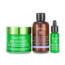 Apivita Fresh & Glow (Bee Radiant- Rich Texture) Gift Set: Cream 50ml+ Serum 10ml+ Cleansing Creamy Foam 75ml+ Pouch 3pcs+1pouch