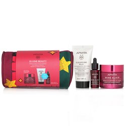 Apivita Di-Vine Beauty (Wine Elixir- Light Texture) Gift Set: Wrinkle Lift Cream 50ml+ Face Oil 10ml+ Cleansing Milk 50ml+Pouch 3pcs+1pouch